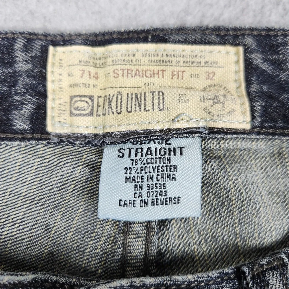 Ecko Unltd 714 Straight Fit Jeans Mens 32x32 Black Denim Whiskered Streetwear